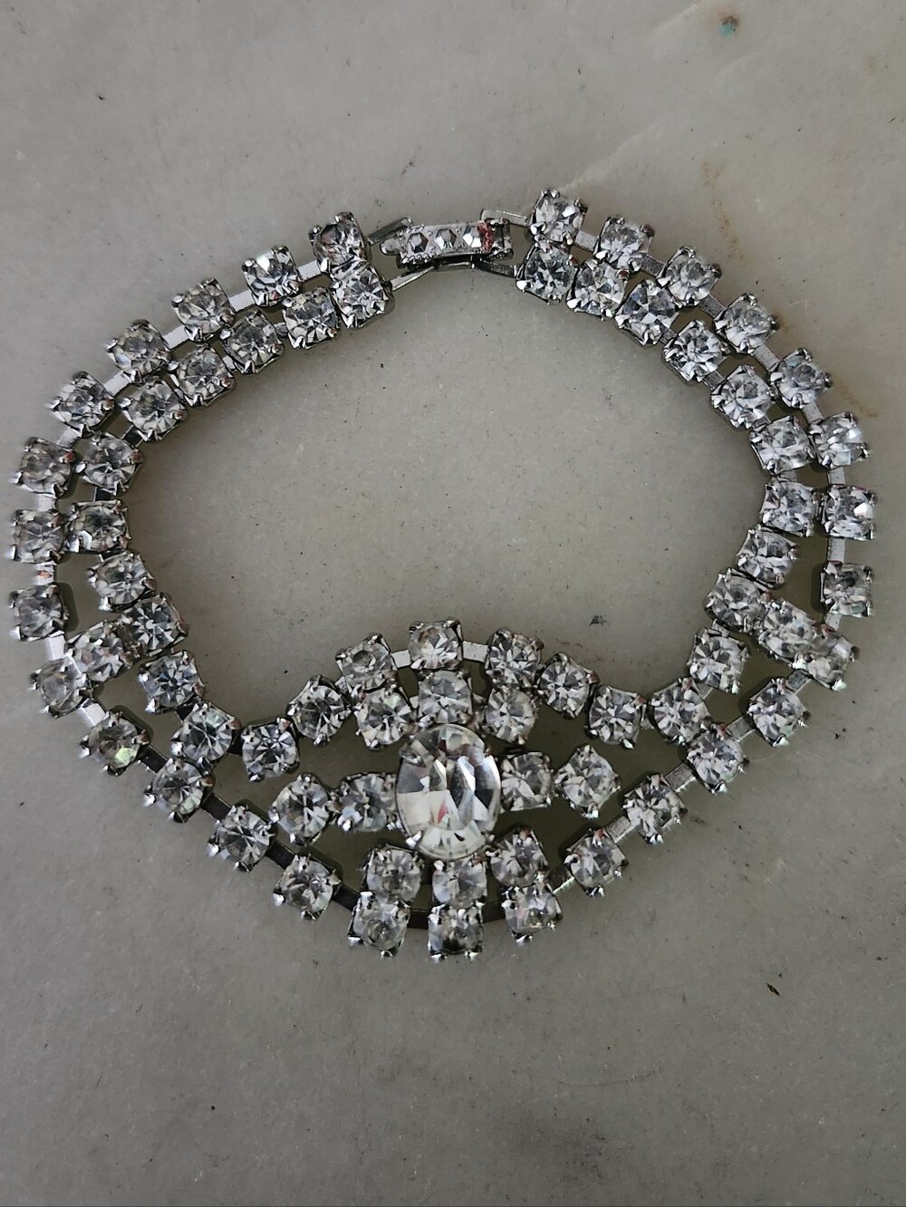 Silver Tone Rhinestone Cocktail Bracelet-Double Row Linked Band & Central Stone